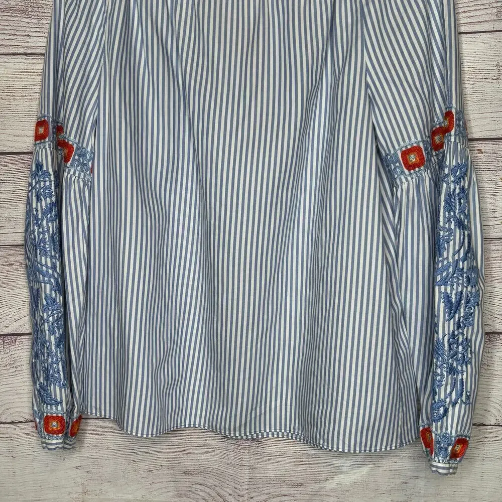 Tory Burch Madison Peasant Boho Striped Embroidered Tie Front Top Size 2